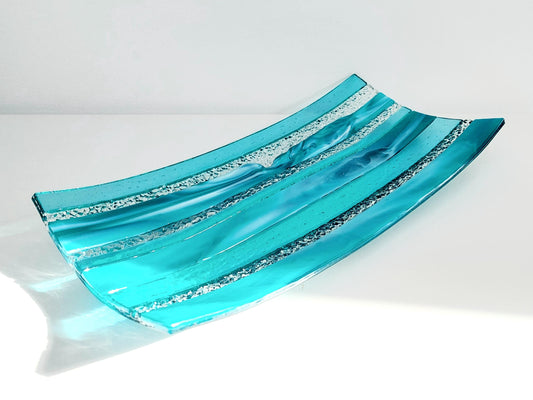 Large Teal Glass Art Plate, Handmade Teal and Aqua Fused Glass Decorative Tray, Teal Living Room Décor, Artisanal Coffee Table Centrepiece