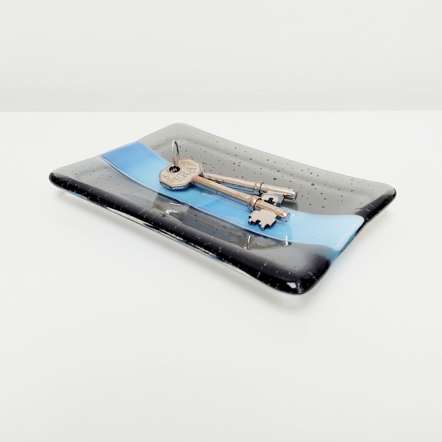 Stormy Waters Glass Art Dish, Handcrafted Silver Grey and Tranquil Blue Fused Glass Trinket Dish