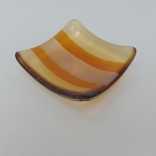 Amber Glass Art Trinket Dish, Opulent Handmade Fused Glass Jewellery Bowl, Small Artisanal Bedside Table Dish, Luxurious Amber Bedroom Décor