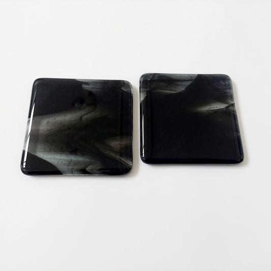 2 November in the Lakes Coasters, Set of Handmade Black and Crystal Clear Fused Glass Coasters, Abstract Coffee Table Mats, Monochrome Décor
