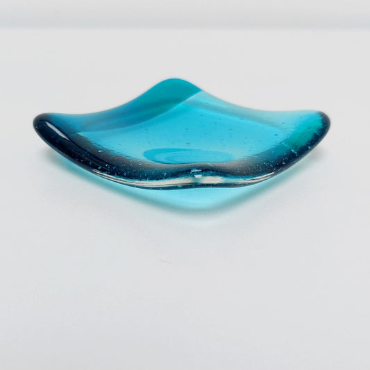 Minimalist Aqua Glass Ring Dish, Small Handcrafted Aqua and Teal Fused Glass Dish, Elegant Bedside Table Trinket Dish, Aqua Bedroom Décor