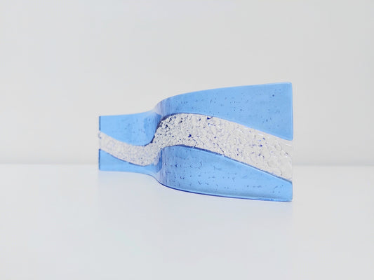 Sky Blue Glass Art Ornament, Handmade Light Blue and Crystal Clear Textured Glass Wave, Minimalist Blue Shelf Ornament, Blue Bathroom Décor