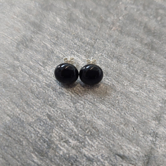 Minimalist Black Glass Stud Earrings, Handmade Fused Glass Studs with Sterling Silver Posts and Butterflies, Small Monochromatic Earrings