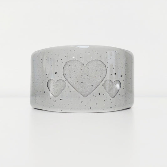 Silver Grey Glass Heart Curve, Handmade Fused Glass Art Ornament with a Trio of Kiln Carved Hearts, Grey Décor, Love in the Lakes Collection