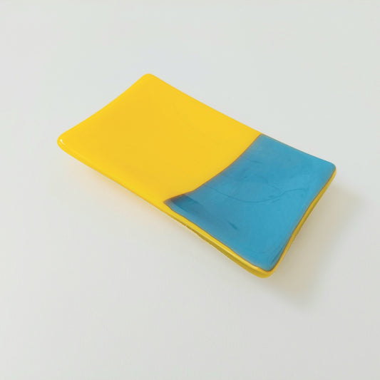 Daffodil Yellow and Cyan Blue Glass Art Soap Dish, Yellow Bathroom Décor, Blue Bathroom Décor, Unusual Artisanal Fused Glass Trinket Dish