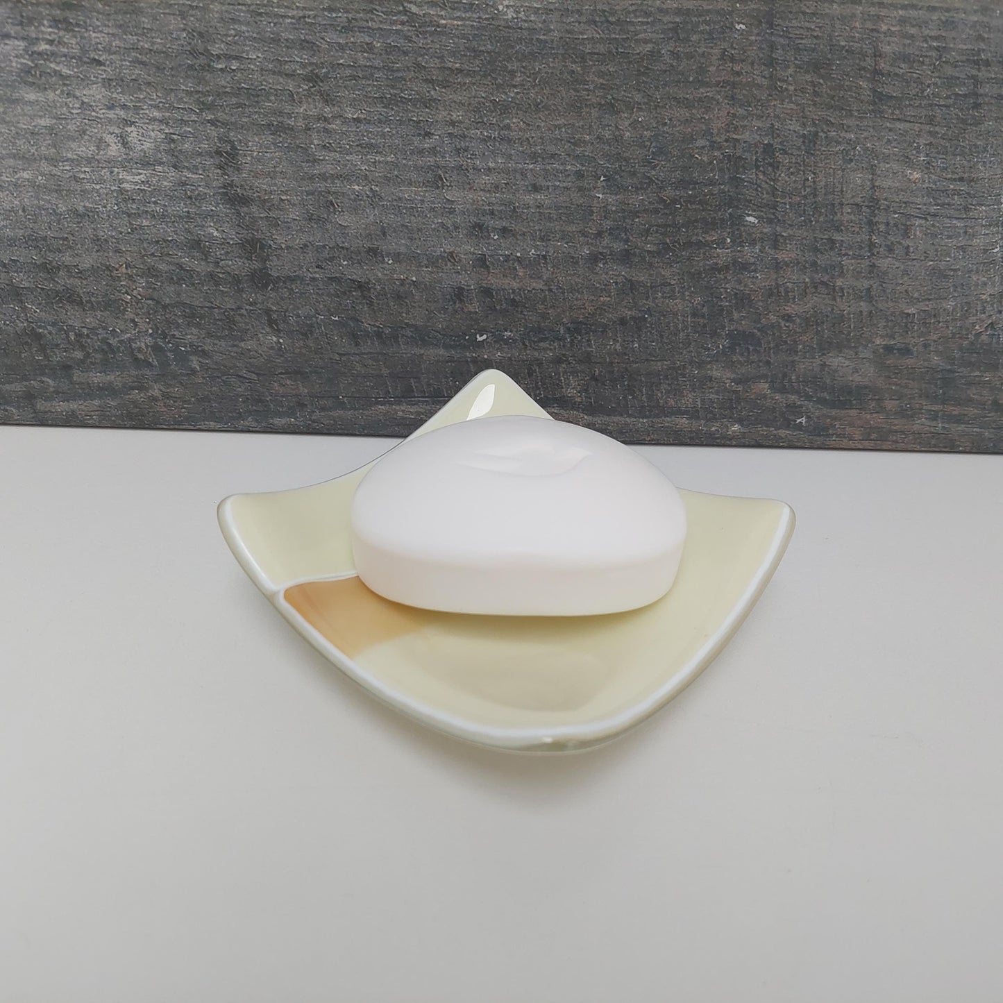 Cream and Gold Glass Art Trinket Dish, Handmade Bedside Table Jewelry Bowl, Small Artisanal Fused Glass Soap Dish, Cream Bathroom Décor