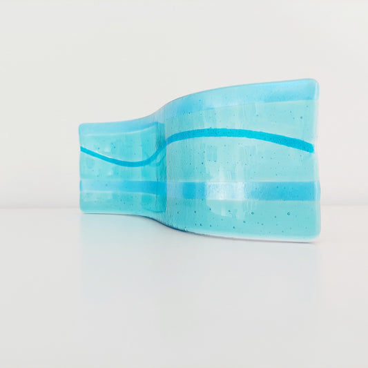 Aqua and Turquoise Glass Wave, Handcrafted Minimalist Fused Glass Art Ornament, Unusual Bathroom Shelf Ornament, Turquoise Bathroom Décor