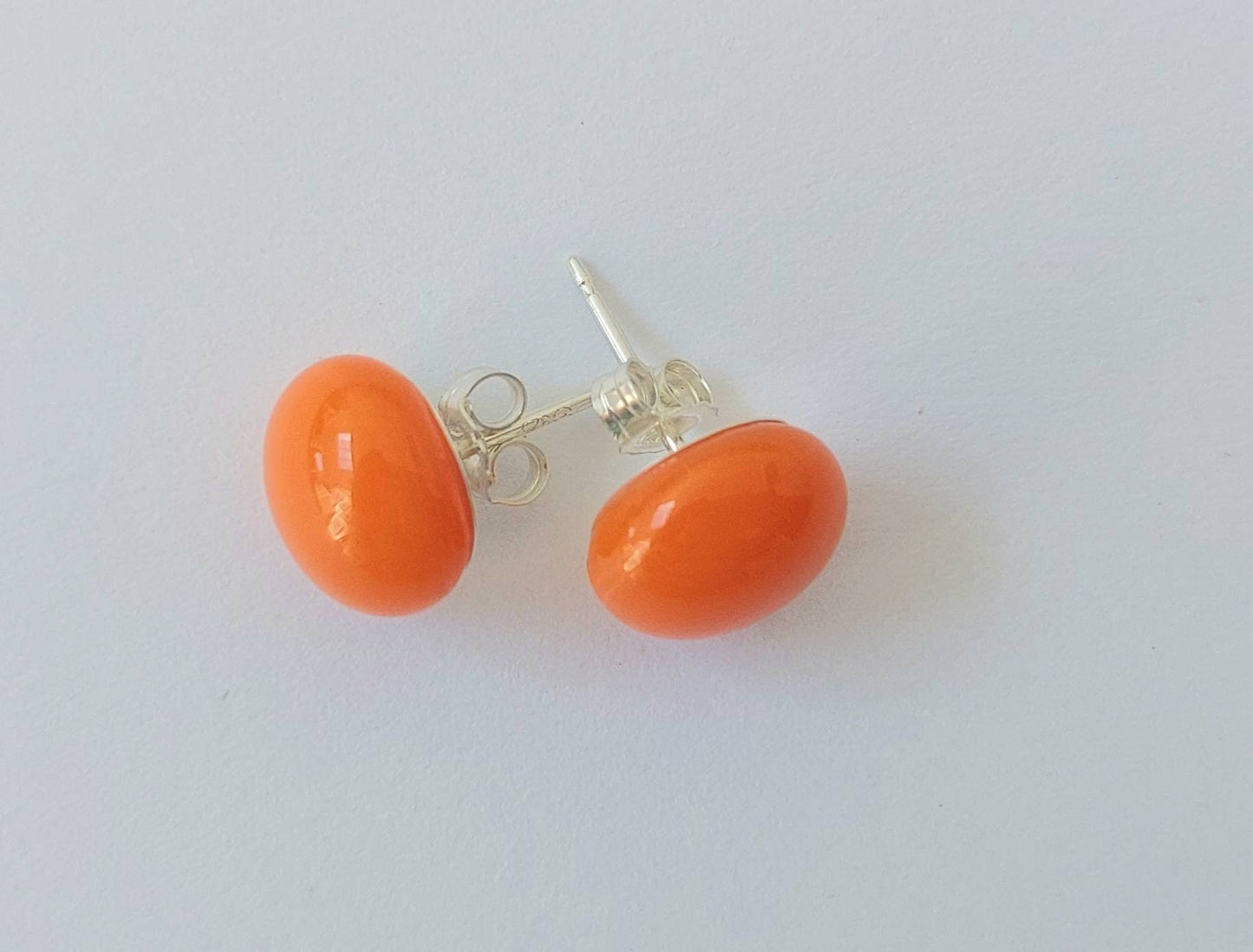 Vibrant Orange Glass Stud Earrings with Sterling Silver Posts and Butterflies, Minimalist Kiln Formed Glass Studs, Orange Artisan Jewellery