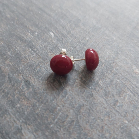 Dark Red Fused Glass Stud Earrings with Sterling Silver Posts and Butterfly Closures, Handmade Minimalist Red Studs, Artisanal Red Studs