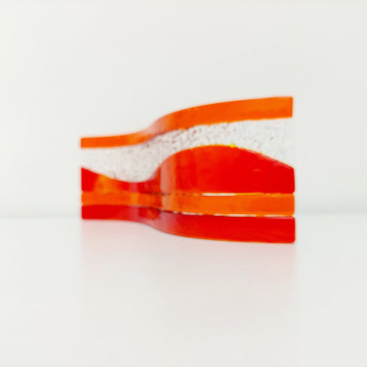 Handmade Sunset Glass Art Wave, Freestanding Red and Orange Fused Glass S Curve, Contemporary Mantlepiece Ornament, Red Living Room Décor