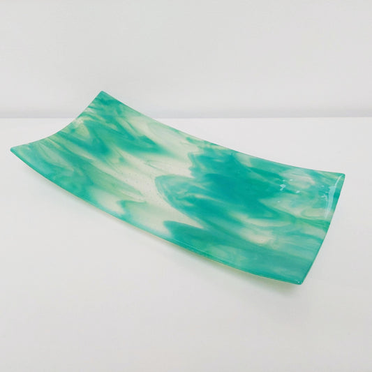 Rydal Water Glass Art Platter, Large Green and Teal Opaline Plate
