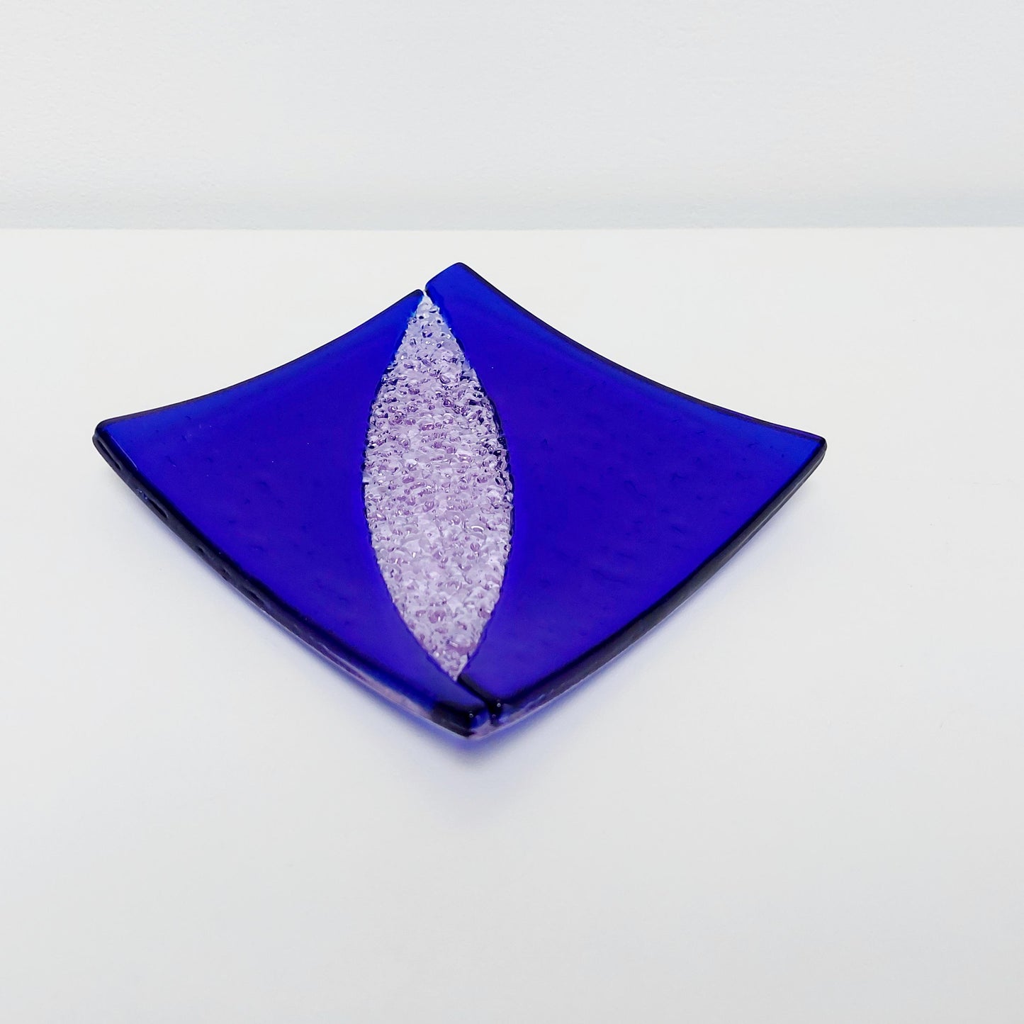 Cobalt and Lilac Glass Art Plate, Small Decorative Coffee Table Tray, Unusual Handmade Textured Glass Trinket Dish, Blue Living Room Décor
