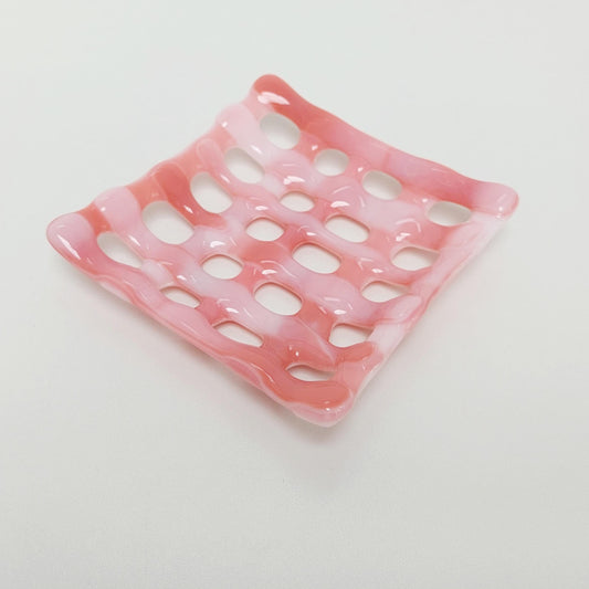 Rose Pink Glass Soap Dish with Holes, Organic Handmade Fused Glass Soap Tray, Unusual Glass Art Soap Dish, Sponge Tray, Pink Bathroom Décor