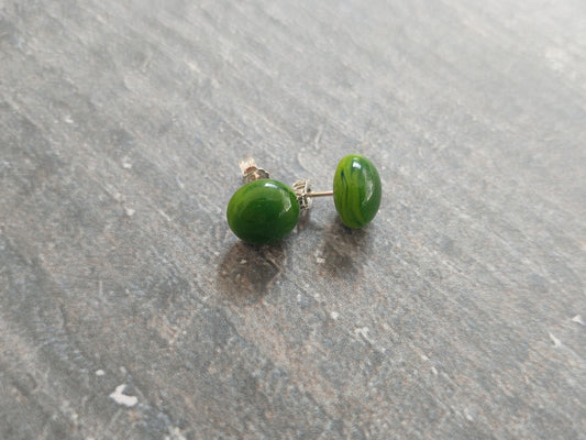 Lime and Aventurine Green Glass Stud Earrings, Handcrafted Dark Lime Fused Glass Art Studs with Sterling Silver Posts and Butterfly Closures