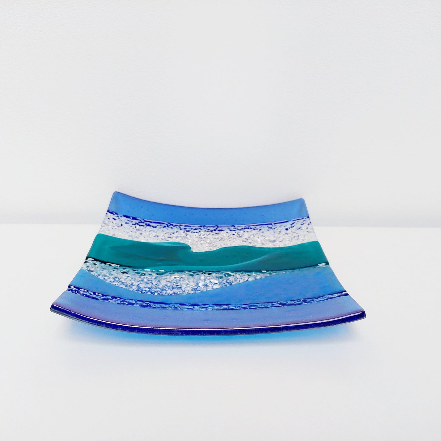 Artisan Teal and Blue Plate, Handmade Textured Fused Glass Art Plate, Teal and Iridescent Sky Blue Decorative Tray, Coffee Table Centrepiece