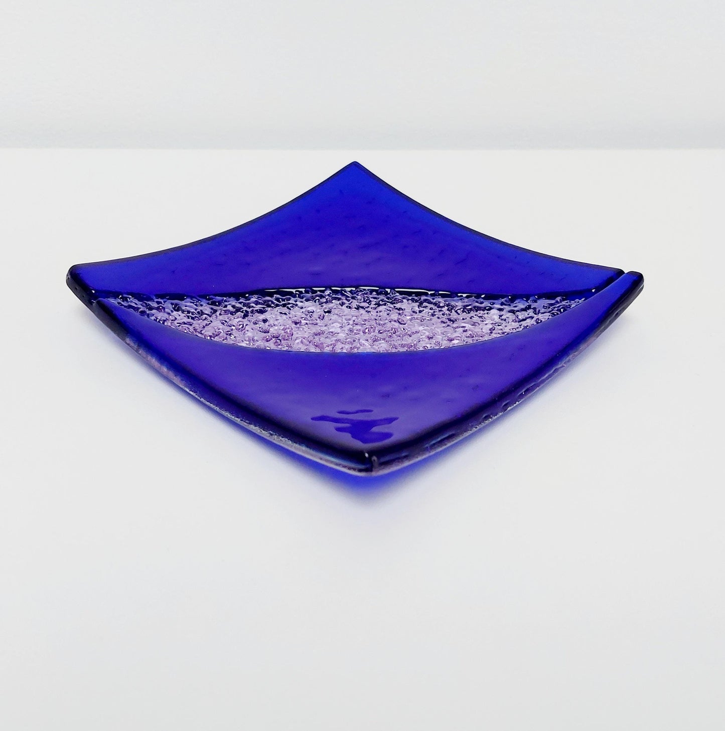 Cobalt and Lilac Glass Art Plate, Small Decorative Coffee Table Tray, Unusual Handmade Textured Glass Trinket Dish, Blue Living Room Décor