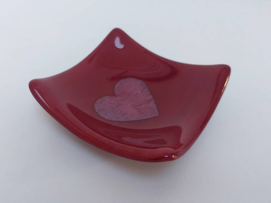 Dark Red Glass Heart Dish, Handmade Trinket Bowl