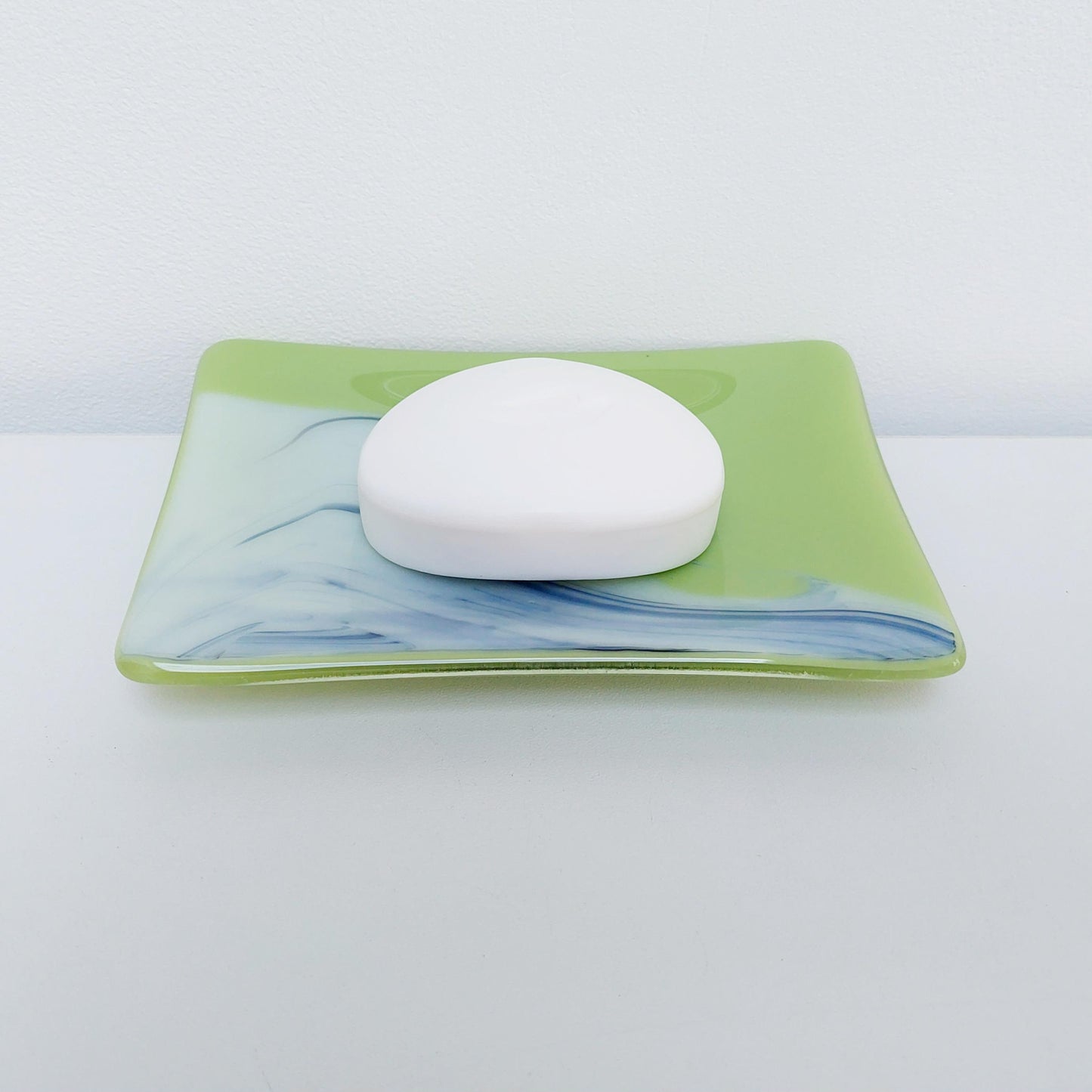 Lime Graffiti Glass Trinket Dish, Handcrafted Green Fused Glass Art Dish with an Abstract Royal Blue and White Design, Lime Green Décor