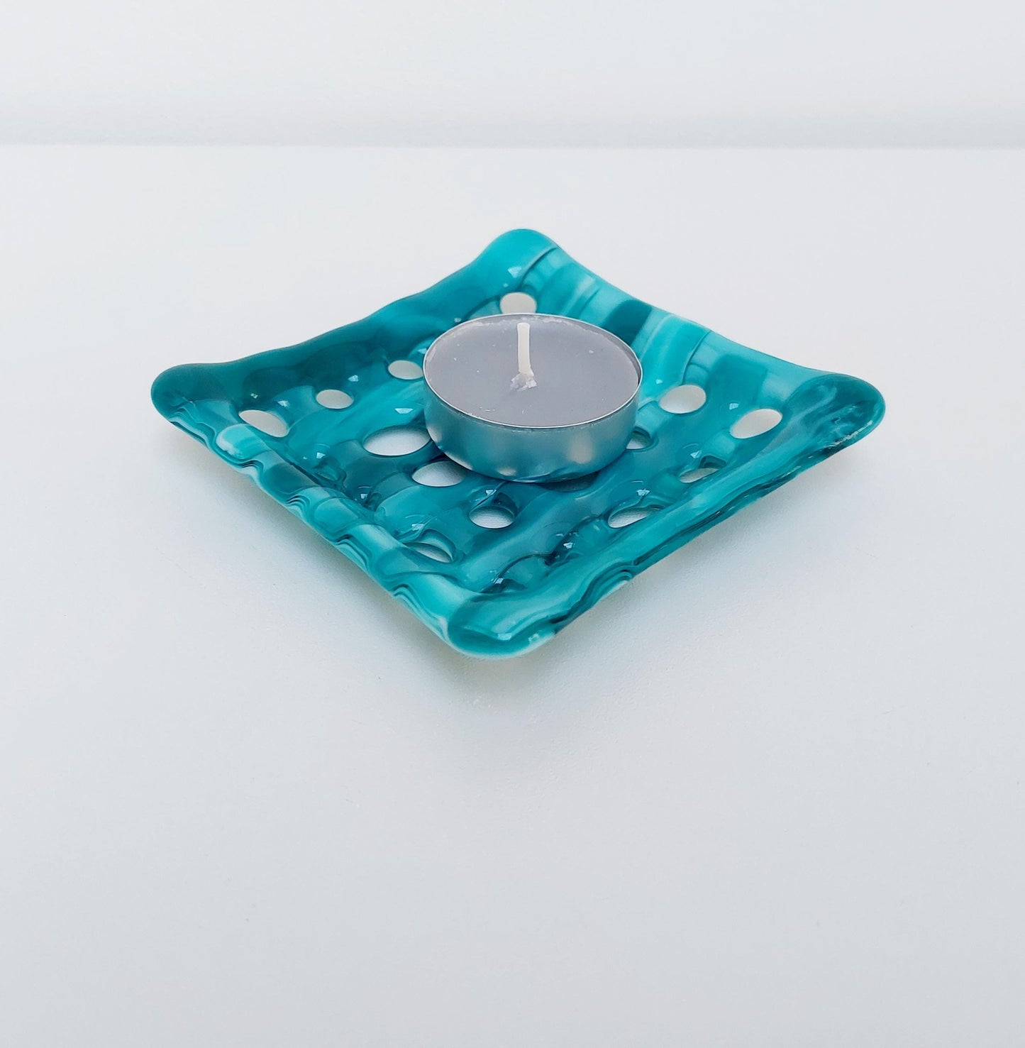 Teal and Aqua Glass Soap Dish with Holes