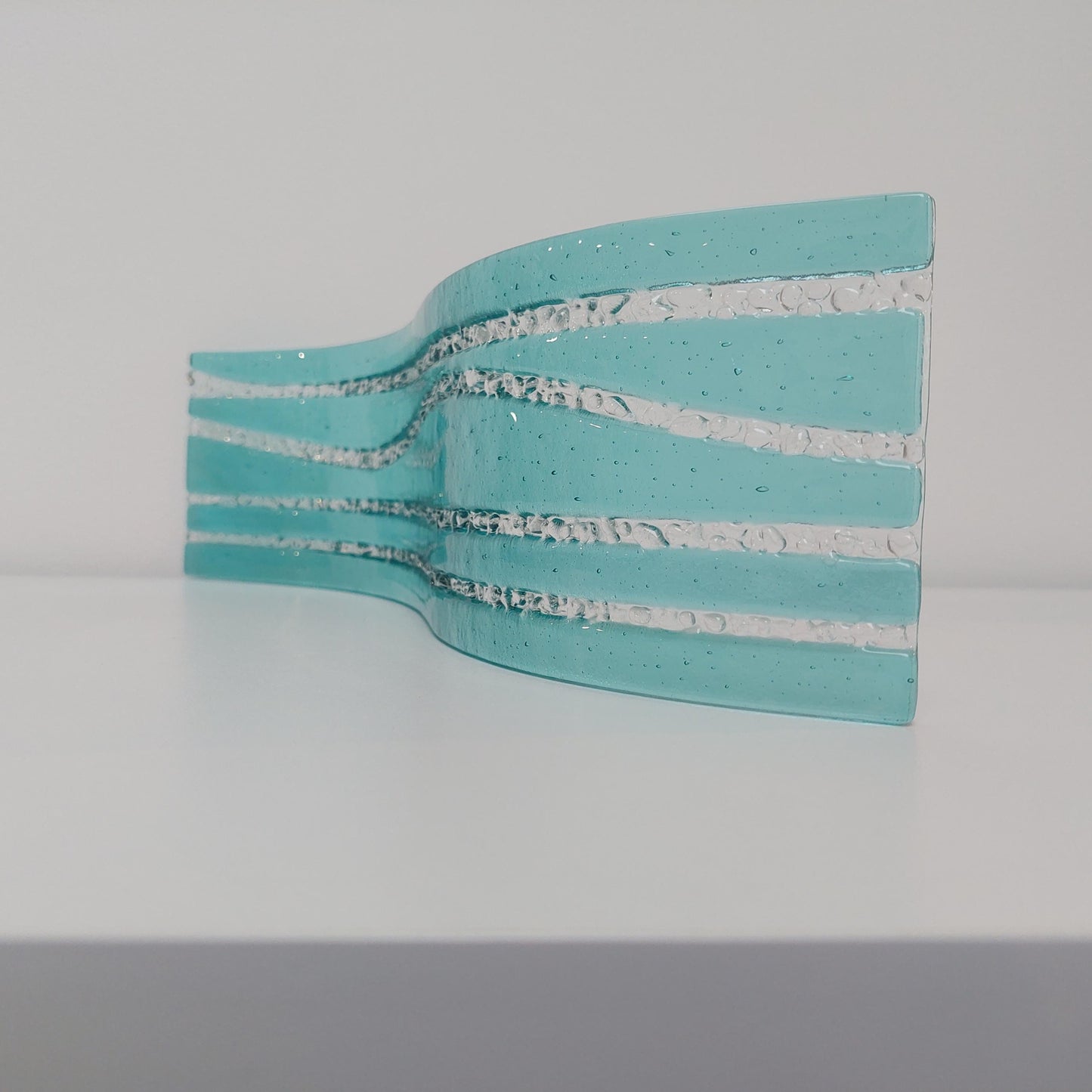 Large Abstract Aqua Glass Wave, Handmade Fused Glass Mantlepiece Ornament, Living Room Statement Piece, Aquamarine Décor, Beach House Décor