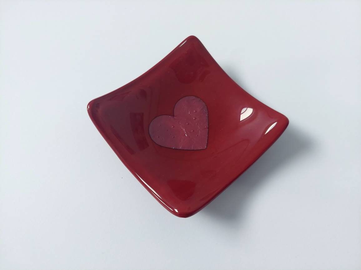 Dark Red Glass Heart Dish, Handmade Trinket Bowl