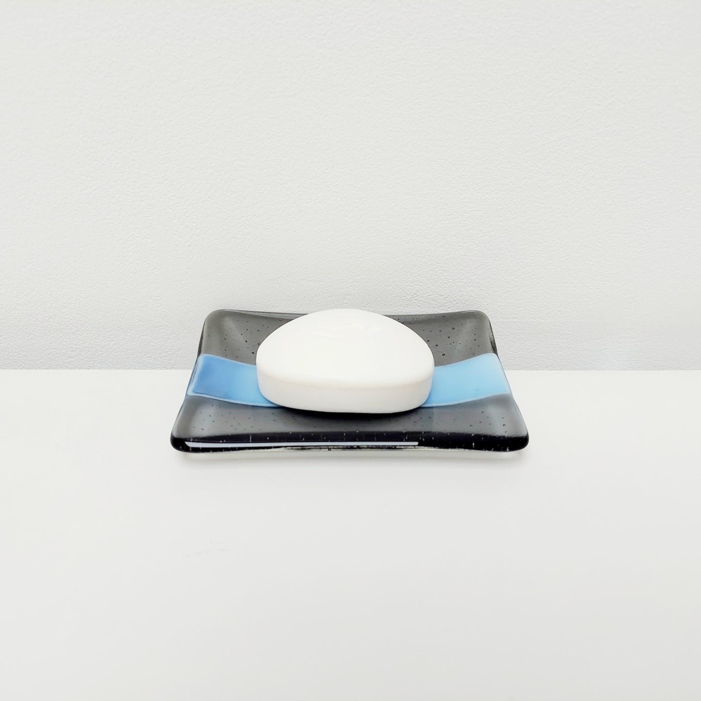 Stormy Waters Glass Art Dish, Handcrafted Silver Grey and Tranquil Blue Fused Glass Trinket Dish