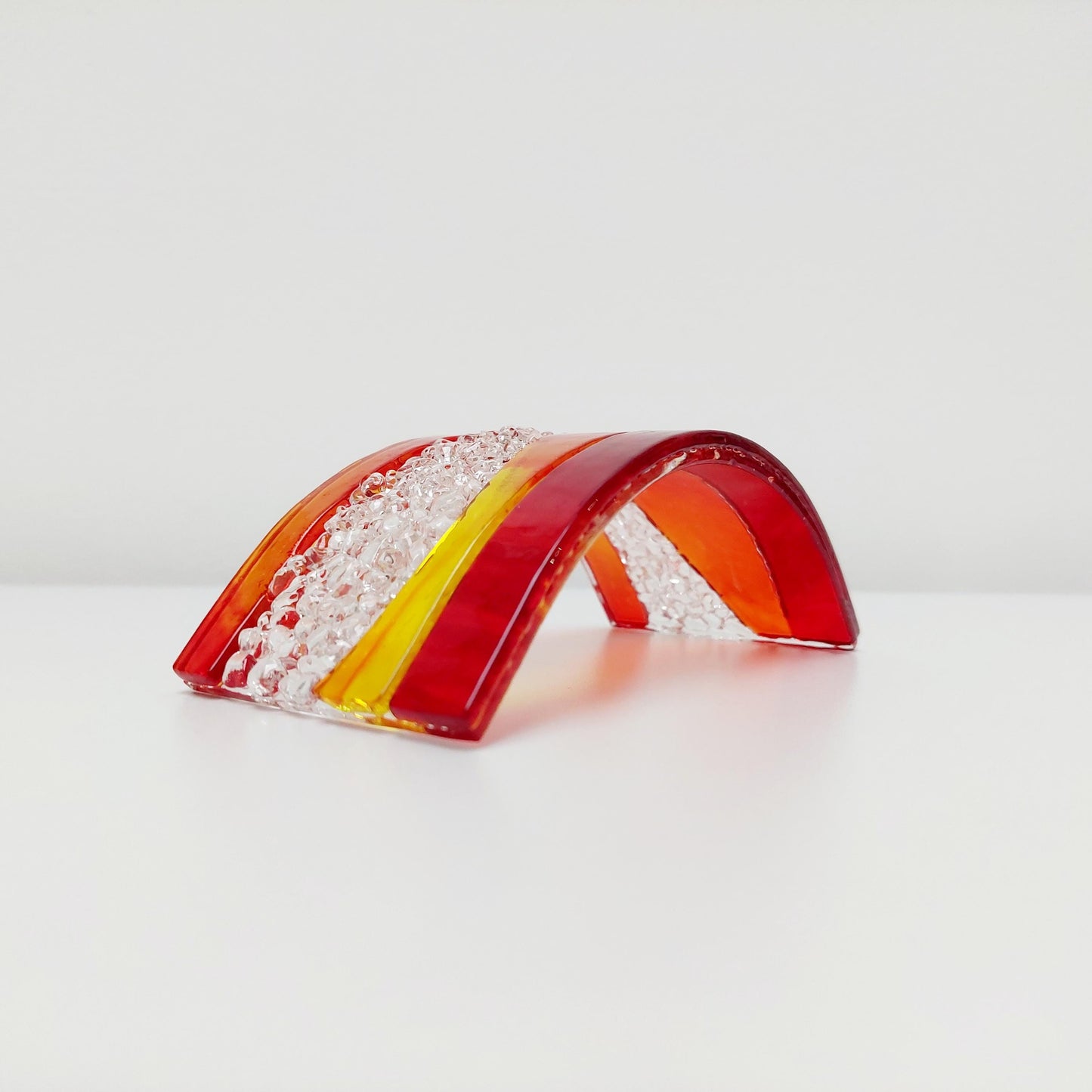 Sunset Glass Art Curve, Unusual Handcrafted Red and Orange Fused Glass Ornament, Red and Orange Living Room Décor, Freestanding Suncatcher