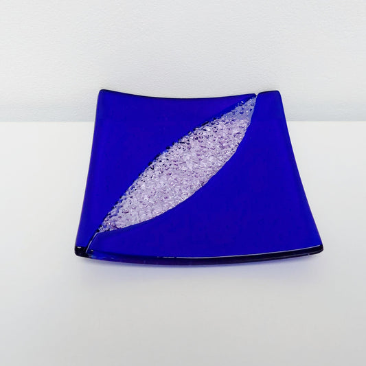 Cobalt and Lilac Glass Art Plate, Small Decorative Coffee Table Tray, Unusual Handmade Textured Glass Trinket Dish, Blue Living Room Décor