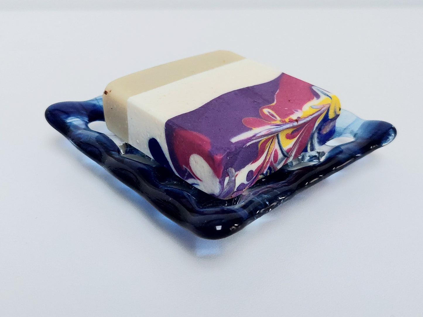 Coniston Water Glass Art Soap Dish with Holes, Handcrafted Dark Aventurine Blue and Crystal Clear Fused Glass Soap Tray, Blue Bathroom Décor