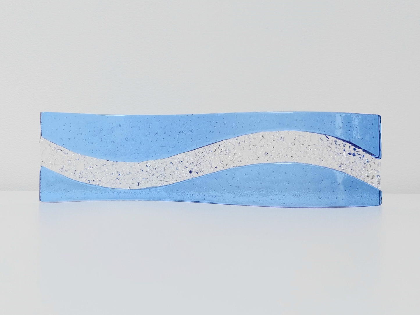 Sky Blue Glass Art Ornament, Handmade Light Blue and Crystal Clear Textured Glass Wave, Minimalist Blue Shelf Ornament, Blue Bathroom Décor