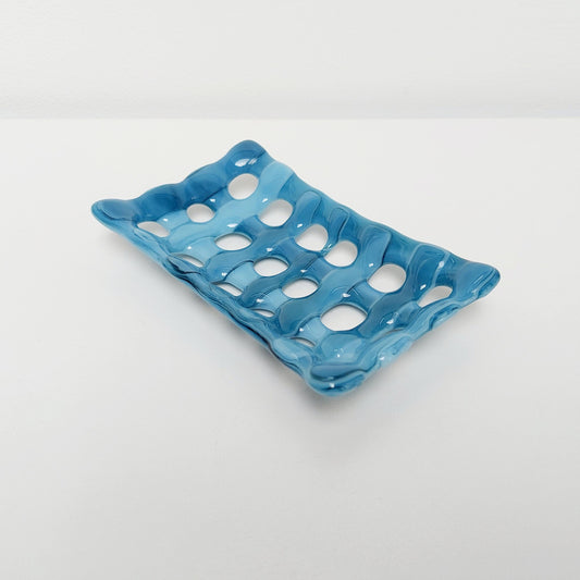 Derwent Water Glass Soap Tray with Holes, Handcrafted Marine Blue Soap Dish