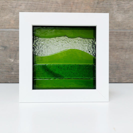 Artisan Green Glass Art Picture, Small Lime and Aventurine Green Fused Glass Framed Picture, Mantlepiece Picture, Green Living Room Décor