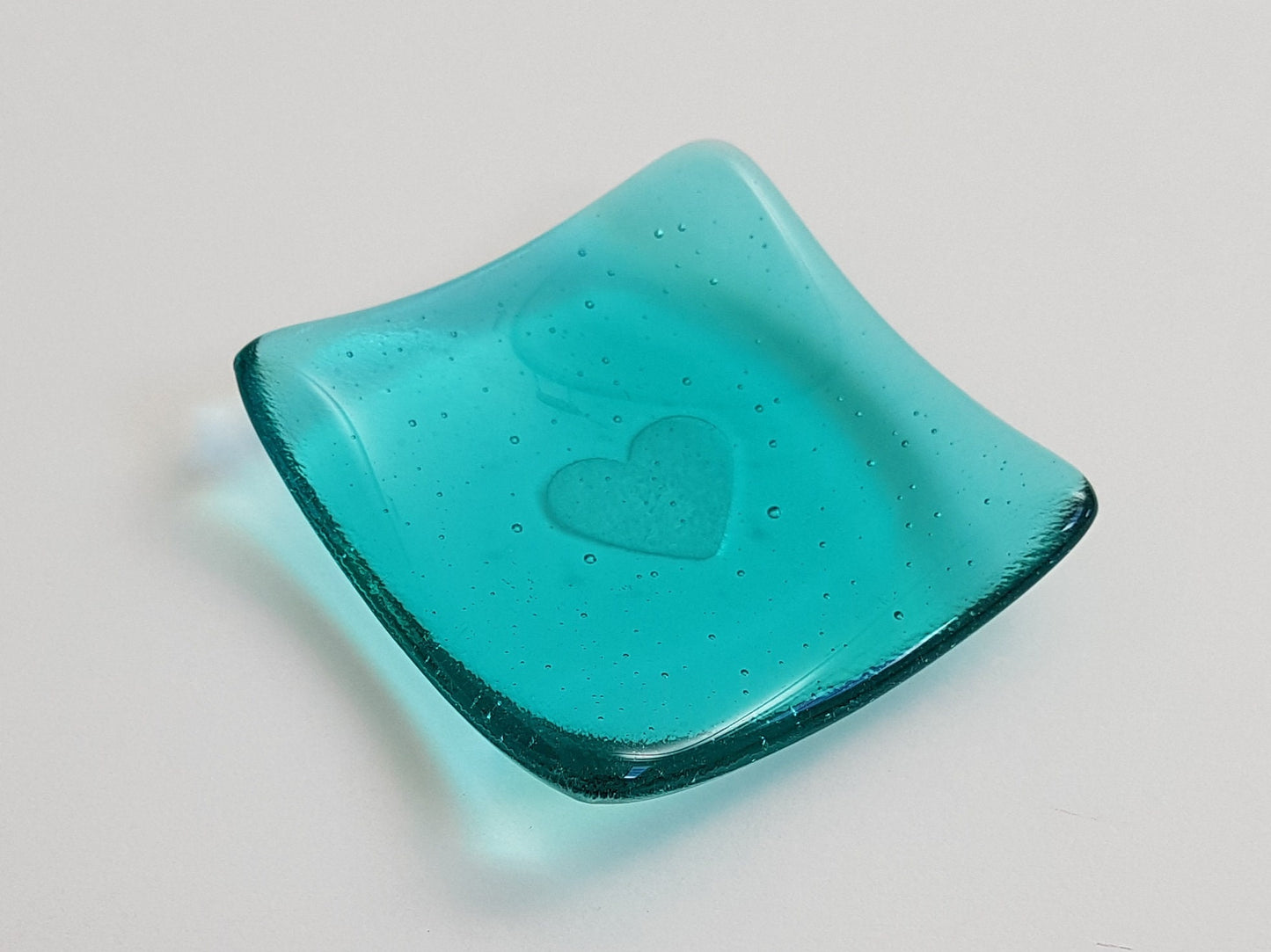 Aqua Glass Heart Ring Bowl, Small Handmade Trinket Dish