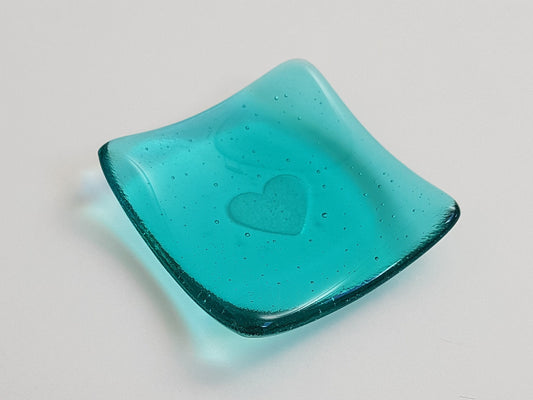 Aqua Glass Heart Ring Bowl, Small Handmade Trinket Dish