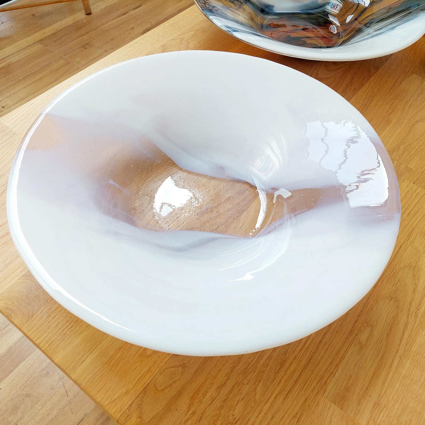 Large Lilac Glass Art Bowl, Handmade White Kiln Formed Bowl with a Light Purple Cascade, Contemporary Fruit Bowl, Artisanal Wedding Gift