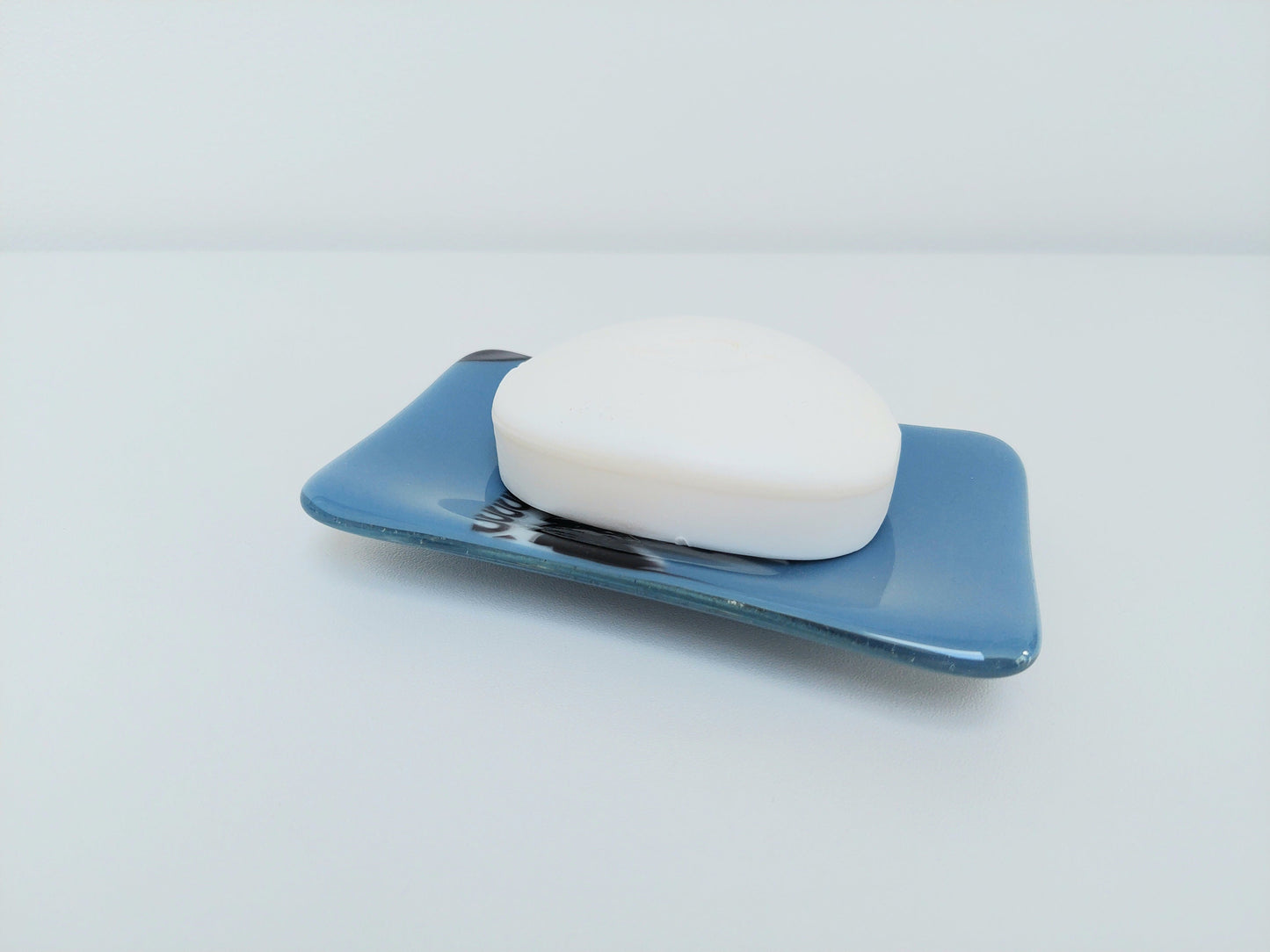 Slate Blue Glass Trinket Dish with a Black and White Graffiti Design, Unusual Fused Glass Art Bedside Table Dish, Blue Bedroom Décor