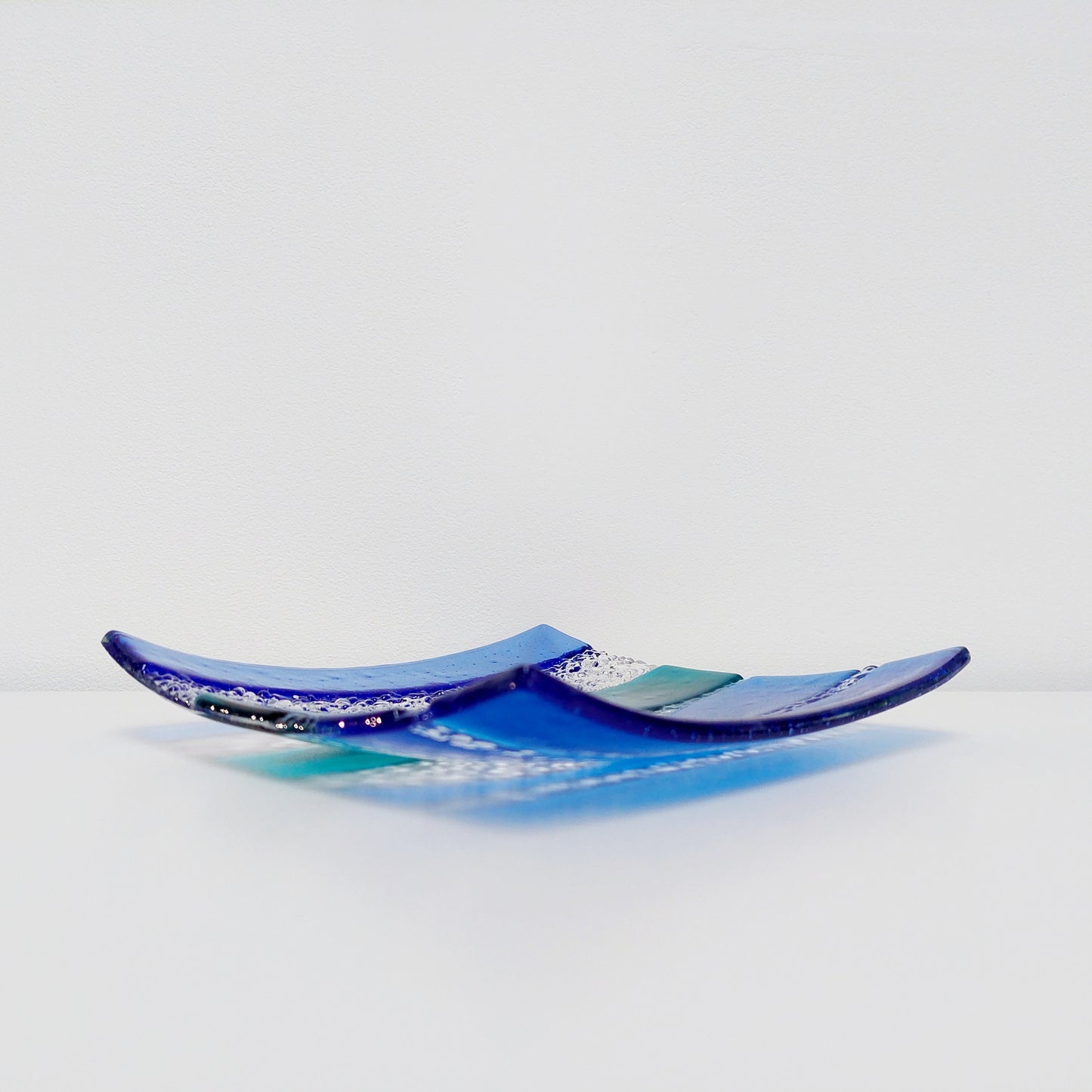 Artisan Teal and Blue Plate, Handmade Textured Fused Glass Art Plate, Teal and Iridescent Sky Blue Decorative Tray, Coffee Table Centrepiece