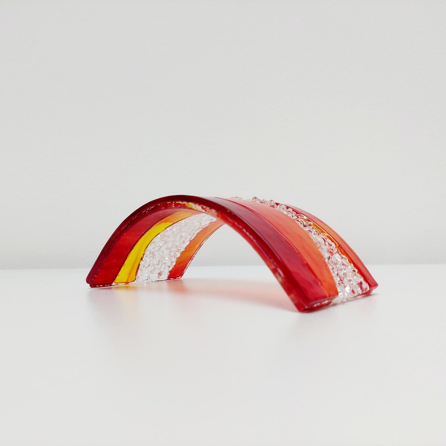 Sunset Glass Art Curve, Unusual Handcrafted Red and Orange Fused Glass Ornament, Red and Orange Living Room Décor, Freestanding Suncatcher