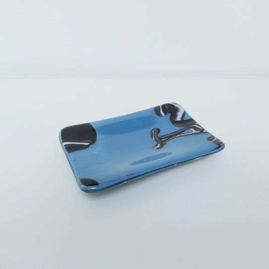 Slate Blue Glass Trinket Dish with a Black and White Graffiti Design, Unusual Fused Glass Art Bedside Table Dish, Blue Bedroom Décor