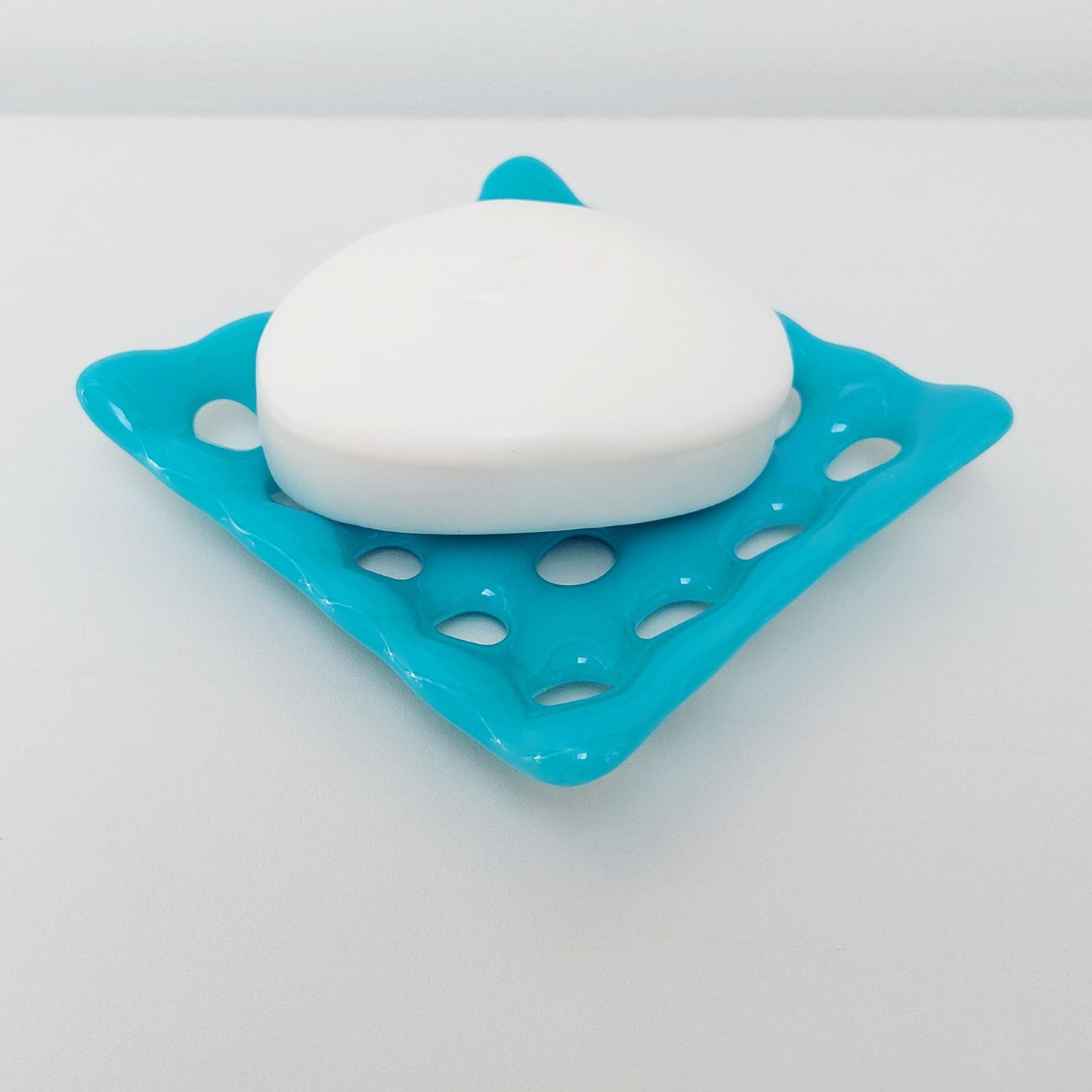 Pastel Turquoise Glass Soap Dish with Holes, Small Handcrafted Organic Fused Glass Art Tray, Unusual Candle Stand, Turquoise Bathroom Décor