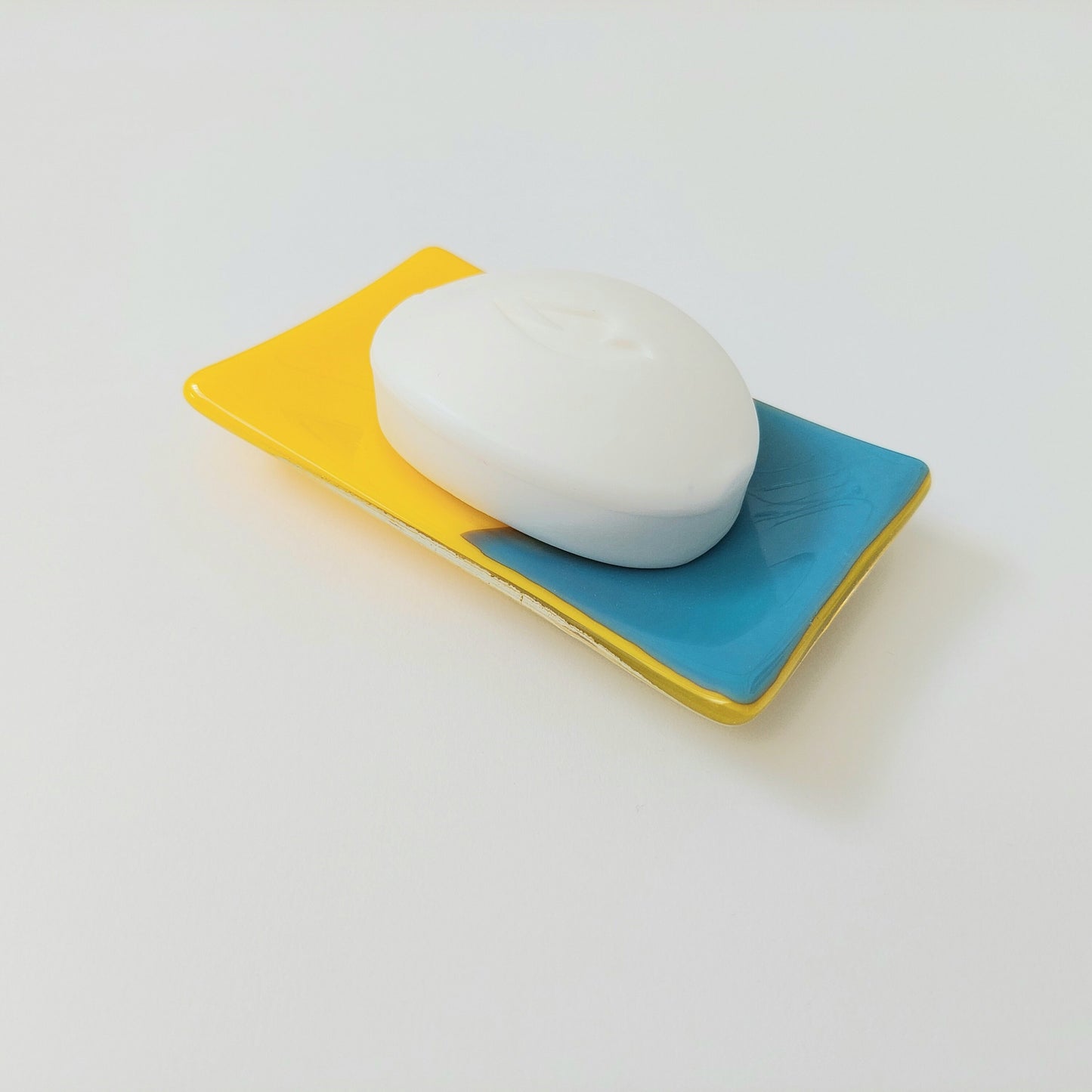 Daffodil Yellow and Cyan Blue Glass Art Soap Dish, Yellow Bathroom Décor, Blue Bathroom Décor, Unusual Artisanal Fused Glass Trinket Dish