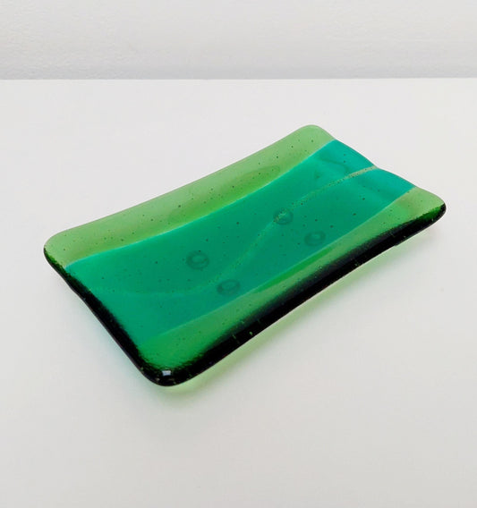 Green Glass Art Soap Dish, Handmade Emerald and Light Green Soap Tray