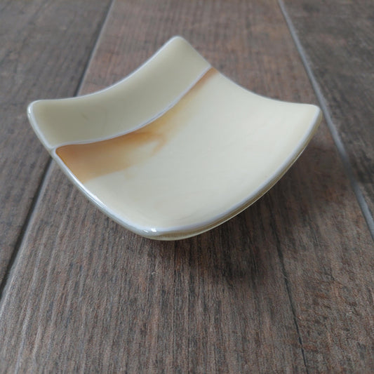 Cream and Gold Glass Art Trinket Dish, Handmade Bedside Table Jewelry Bowl, Small Artisanal Fused Glass Soap Dish, Cream Bathroom Décor