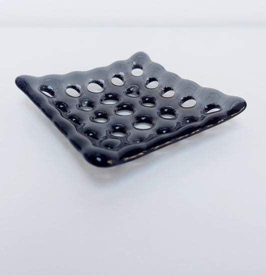 Silver Grey Glass Soap Dish with Holes, Handmade Contemporary Fused Glass Art Soap Tray, Artisanal Grey Bathroom Accessory, Monochrome Décor