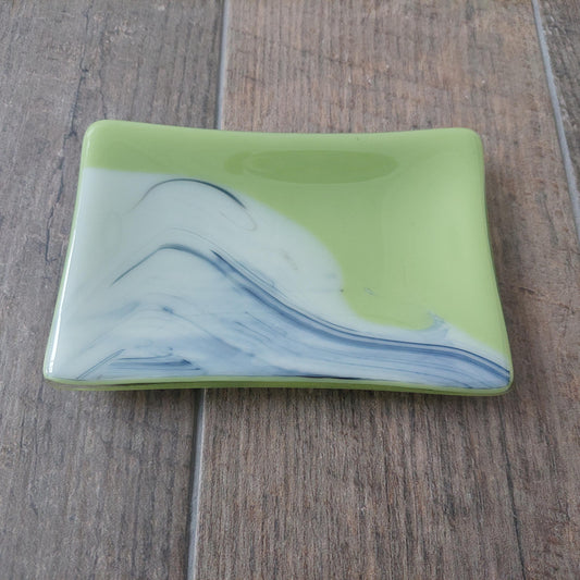 Lime Graffiti Glass Trinket Dish, Handcrafted Green Fused Glass Art Dish with an Abstract Royal Blue and White Design, Lime Green Décor