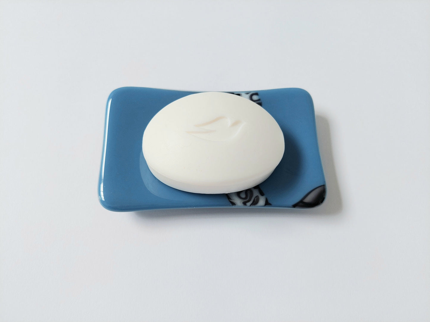 Slate Blue Glass Trinket Dish with a Black and White Graffiti Design, Unusual Fused Glass Art Bedside Table Dish, Blue Bedroom Décor