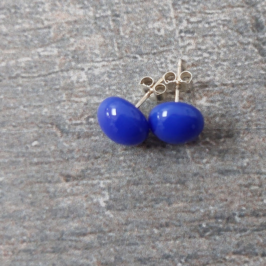 Cobalt Blue Glass Stud Earrings, Handmade Dark Blue Fused Glass Studs with 925 Sterling Silver Posts and Butterflies, Elegant Blue Earrings