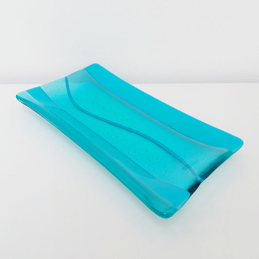 Aqua and Turquoise Glass Art Plate, Handmade Fused Glass Rectangular Platter, Contemporary Artisanal Coffee Table Trinket Dish, Aqua Décor