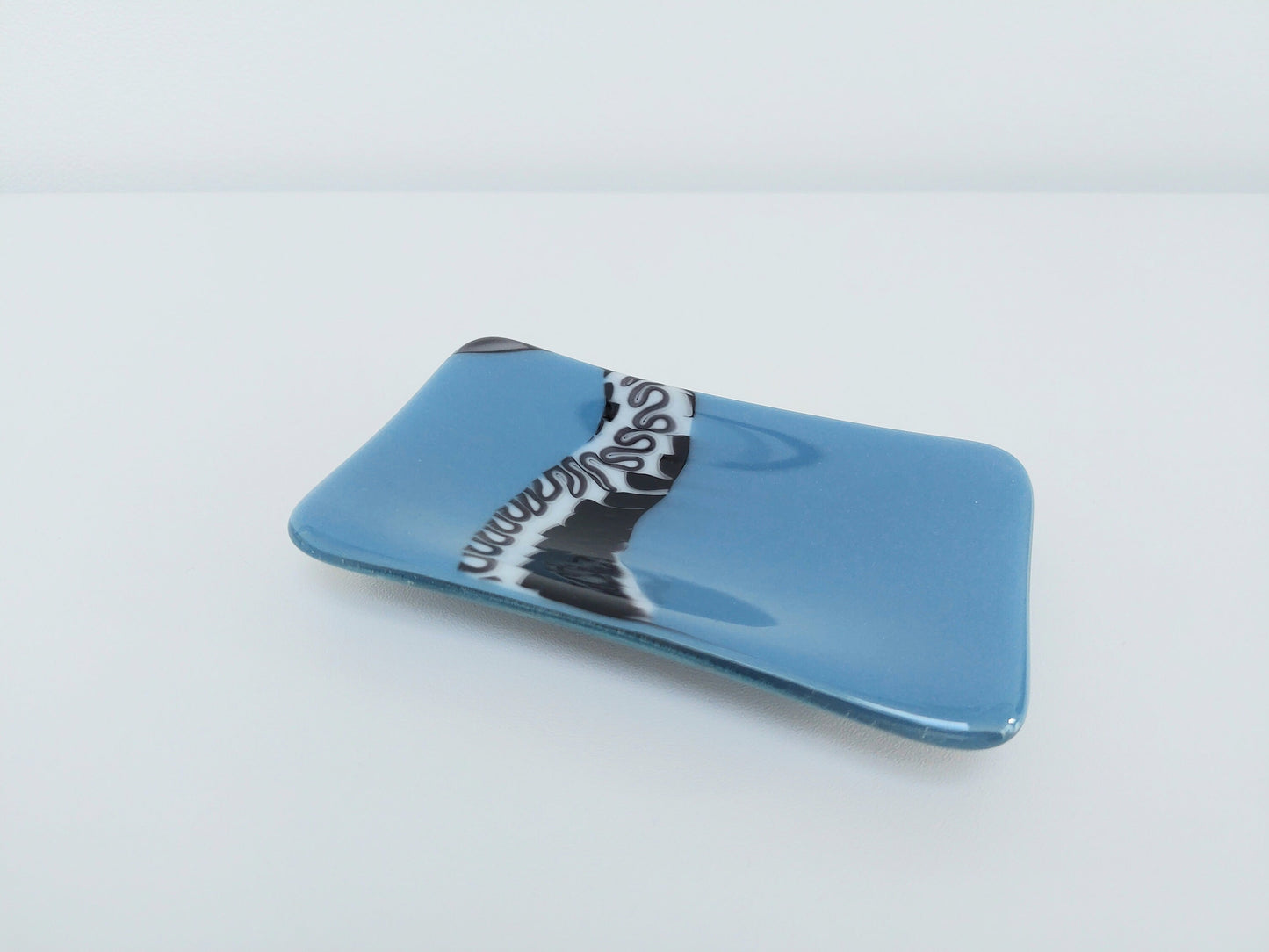 Slate Blue Glass Trinket Dish with a Black and White Graffiti Design, Unusual Fused Glass Art Bedside Table Dish, Blue Bedroom Décor