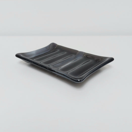 Dark Grey Glass Soap Dish with Ridges, Handcrafted Stone and Charcoal Grey Fused Glass Ribbed Soap Tray, Grey Bathroom Accessory, Grey Décor
